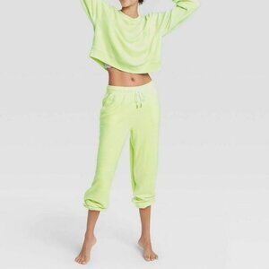 Women's Reverse Fleece Lounge Jogger Pants & Crop Sweatshirt SET XL Lime NWT